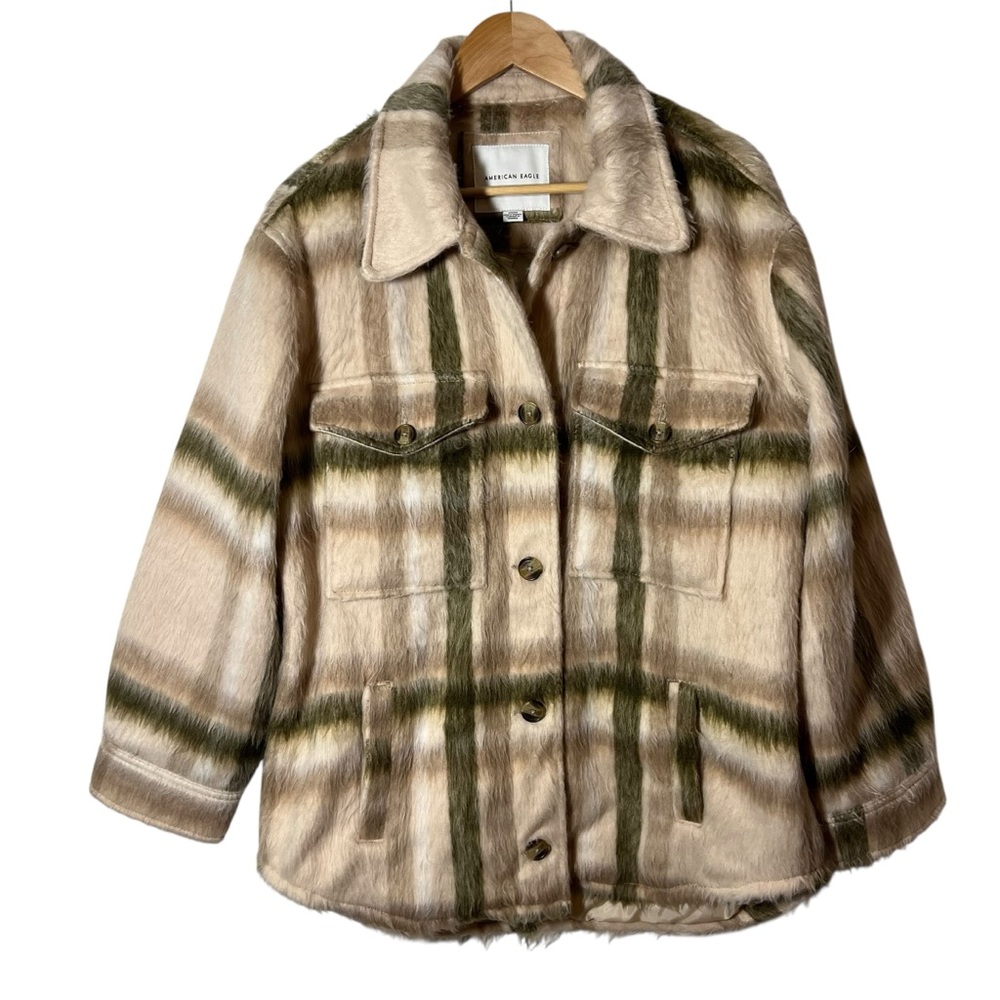 American Eagle Womens Brushed Plaid Shacket Size Medium Wool Blend Jacket